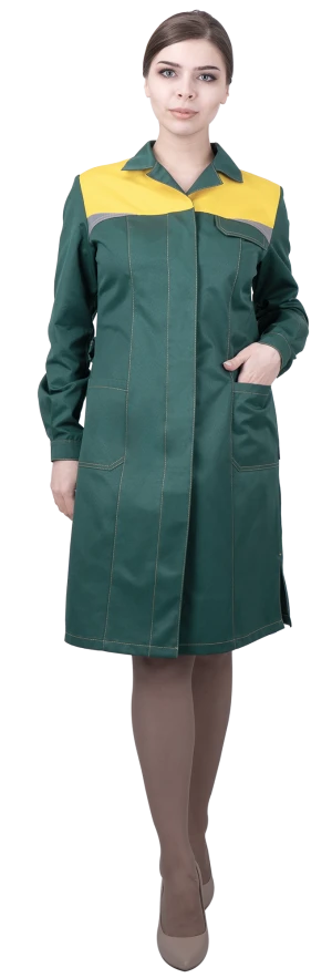 Халат женский КМ-10 ЛЮКС от механических воздействий и ОПЗ, зеленый/желтый