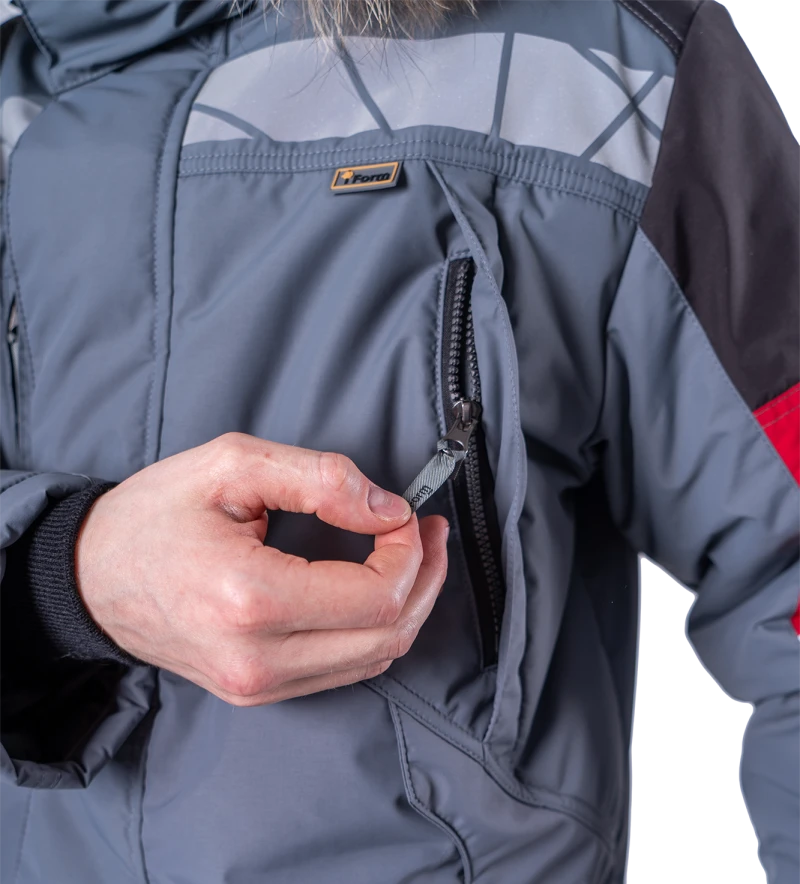 Куртка мужская ХАЙ-ТЕК SAFETY от пониженных температур воздуха и ветра, механических воздействий и ОПЗ, серый/красный/черный Кур 213