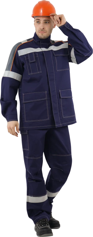 Костюм мужской МЕГАСТАТОЙЛ  от нефтепродуктов, кратковременного воздействия пламени, статического электричества, темно-синий/серый/оранж Кос 907