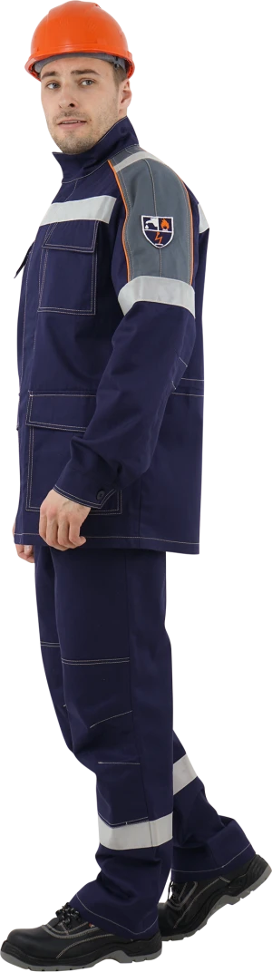 Костюм мужской МЕГАСТАТОЙЛ  от нефтепродуктов, кратковременного воздействия пламени, статического электричества, темно-синий/серый/оранж Кос 907