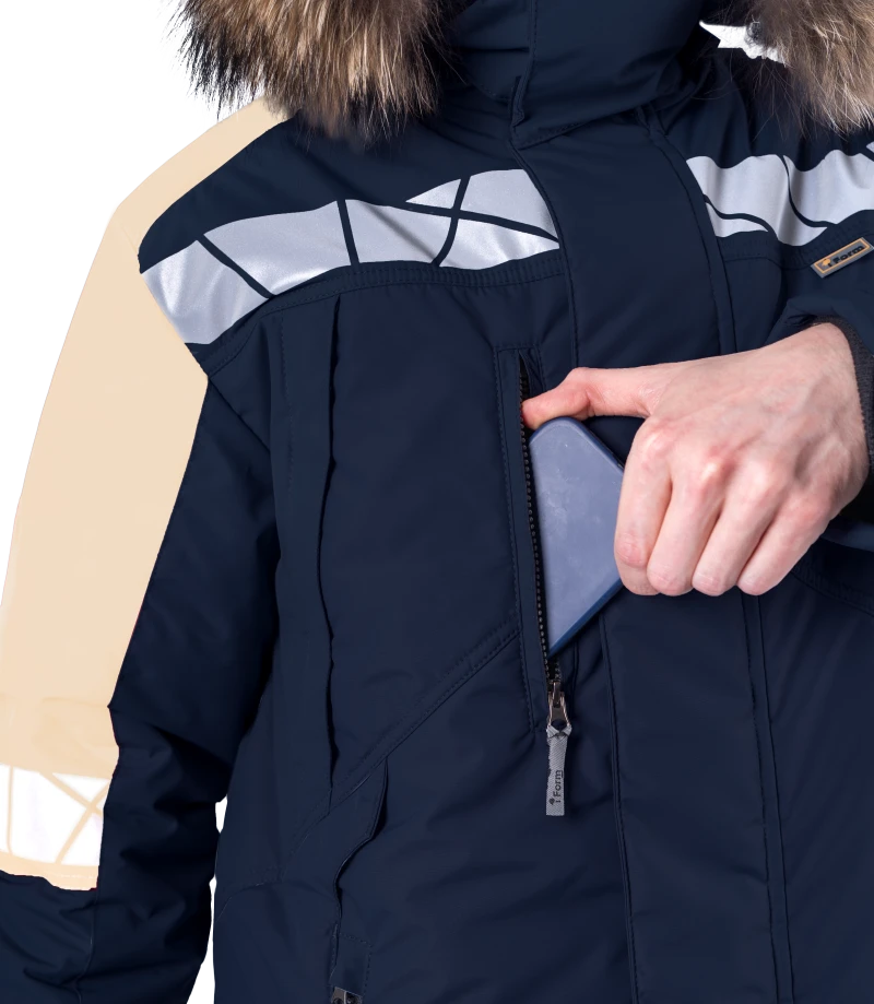 Куртка мужская ХАЙ-ТЕК SAFETY от пониженных температур воздуха и ветра, механических воздействий и ОПЗ, синий/бежевый Кур 214