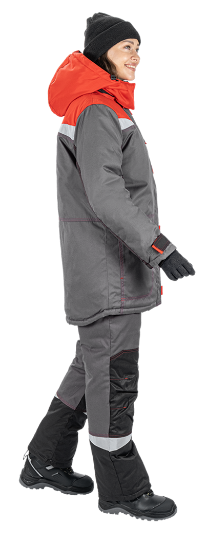 Костюм женский КМ-10 ЛЮКС от пониженных температур воздуха и ветра, механических воздействий и ОПЗ (куртка, брюки), серый/красный/черный