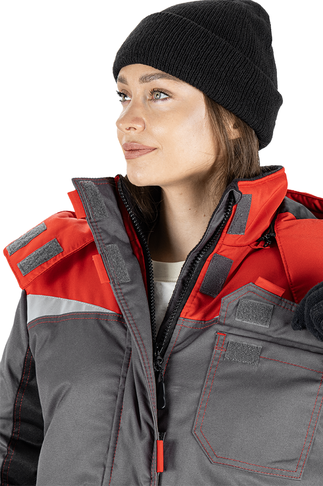 Костюм женский КМ-10 ЛЮКС от пониженных температур воздуха и ветра, механических воздействий и ОПЗ (куртка, брюки), серый/красный/черный