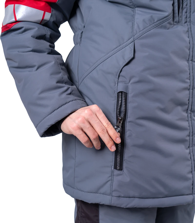 Куртка женская ХАЙ-ТЕК SAFETY от пониженных температур воздуха и ветра, механических воздействий и ОПЗ, серый/красный/черный Кур 237