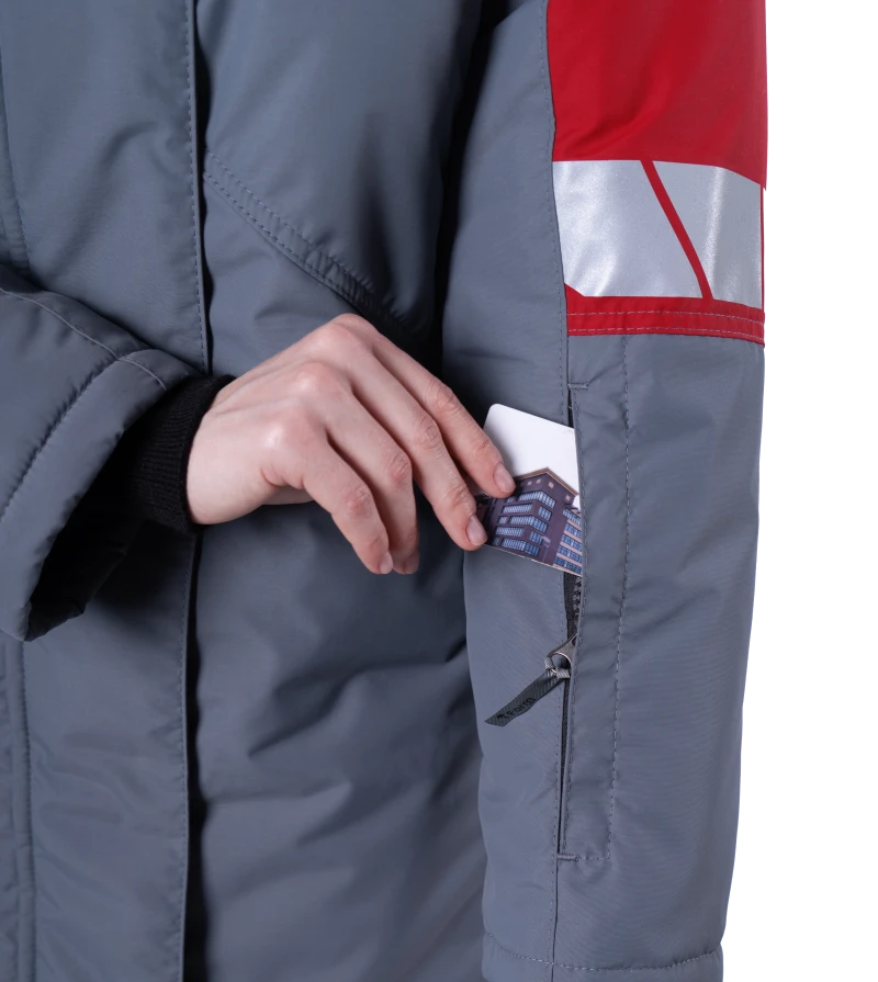 Куртка женская ХАЙ-ТЕК SAFETY от пониженных температур воздуха и ветра, механических воздействий и ОПЗ, серый/красный/черный Кур 237